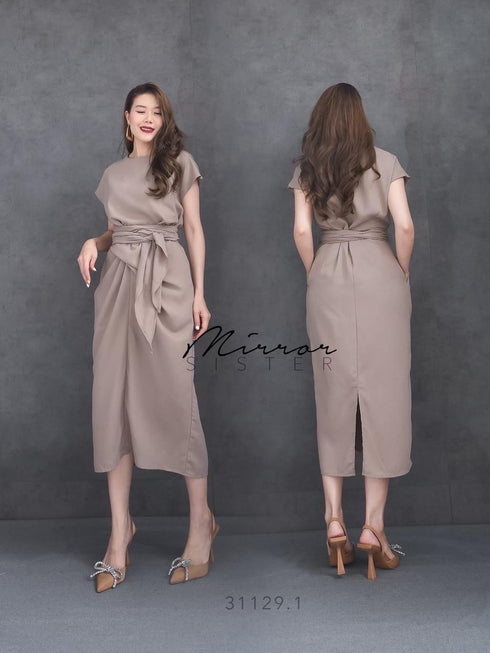 Women Classy Waist Tie Mid Length Back Slit Dresses